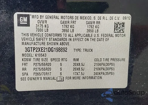2013 GMC Sierra 1500 Denali z USA, uszkodzony, nr VIN 3GTP2XE21DG198892